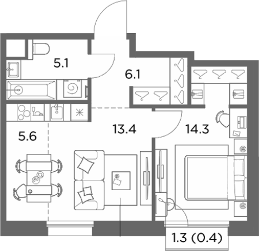 1-комн., 44.5 м², 4/6 этаж, ЖК «Станиславский»