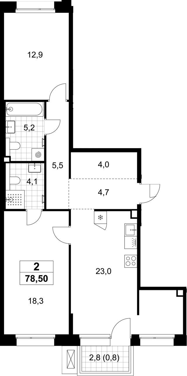 3-комн., 77.7 м², 2/7 этаж, ЖК «Хольм»