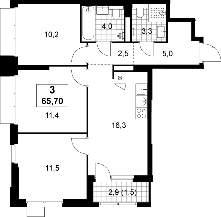 3-комн., 64.2 м², 6/22 этаж, ЖК «Деснаречье»