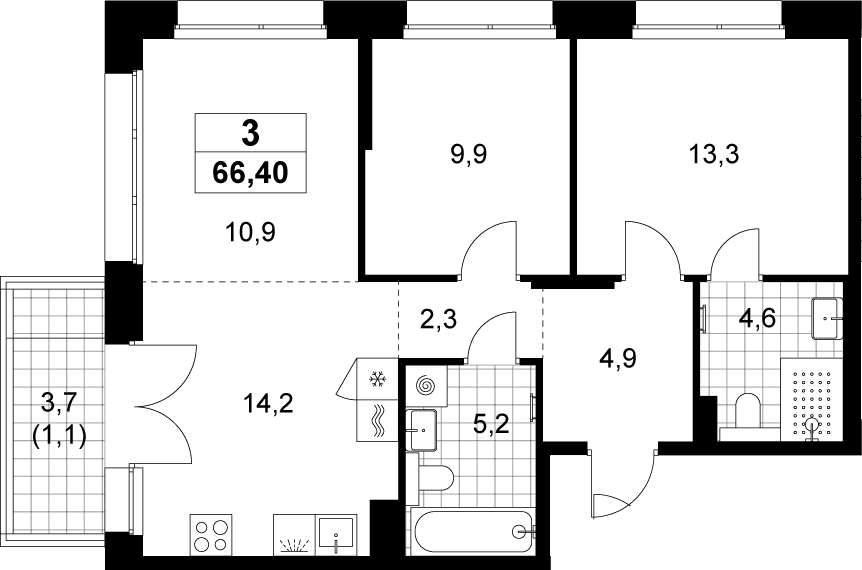 3-комн., 65.3 м², 6/15 этаж, ЖК «Хольм»