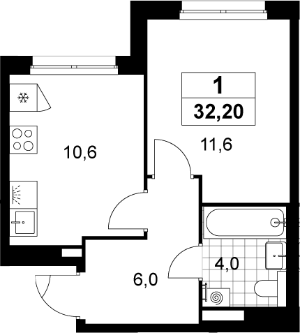 1-комн., 32.2 м², 11/12 этаж, ЖК «Деснаречье»