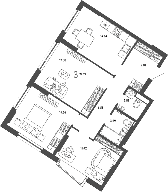 3-комн., 77.79 м², 4/21 этаж, ЖК «Страна.Парковая»