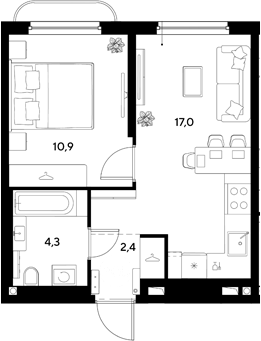 2-комн., 34.6 м², 2/9 этаж, ЖК «Грейд»