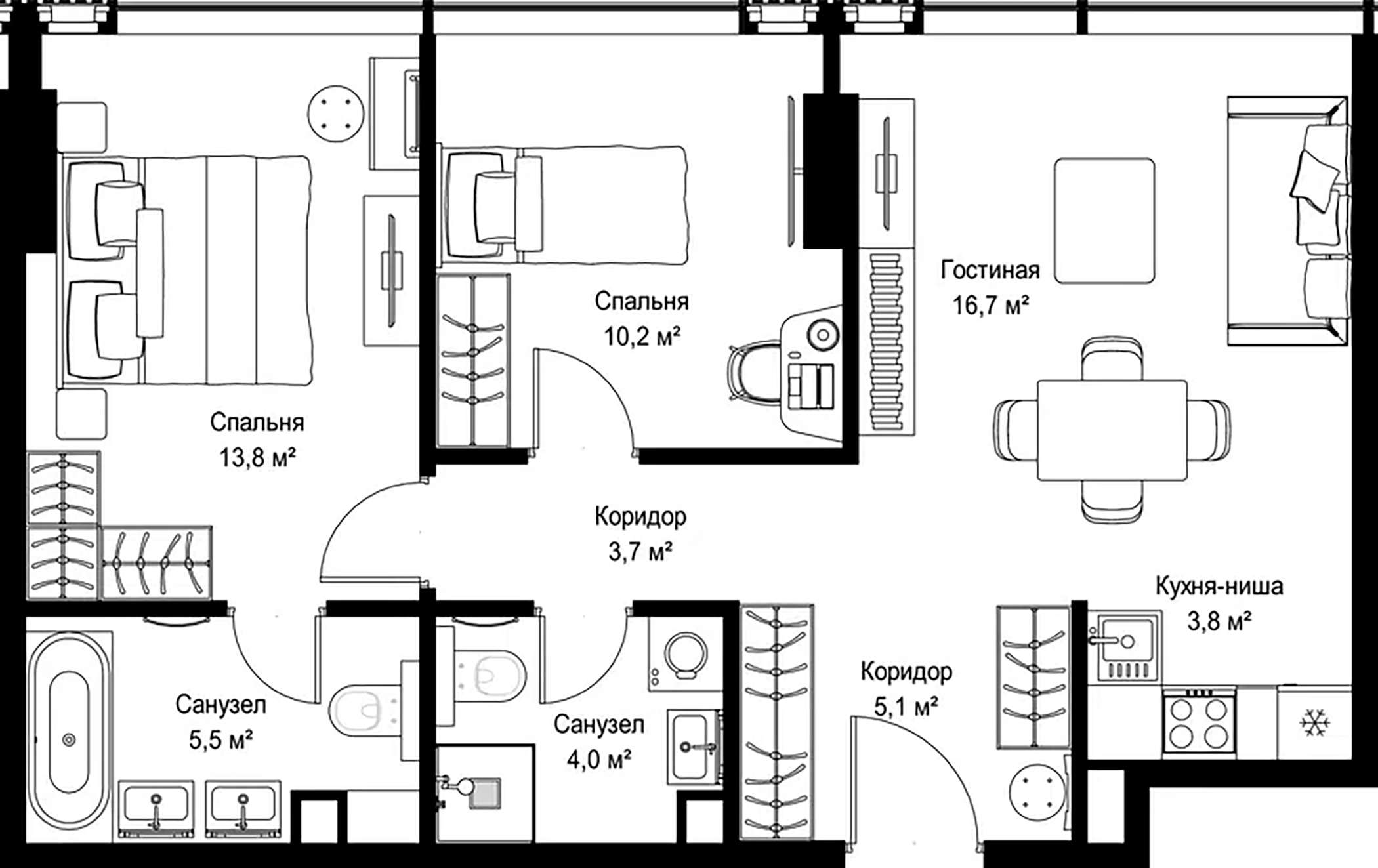 3-комн., 62.8 м², 23/37 этаж, ЖК «Слава»