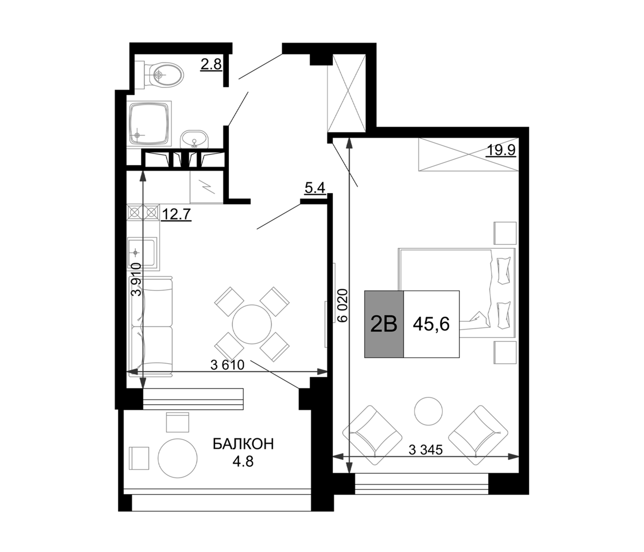 2-комн., 40.8 м², 4/9 этаж, ЖК «Гостиничный комплекс Мореград»