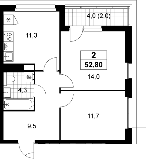 2-комн., 50.8 м², 13/15 этаж, ЖК «Деснаречье»