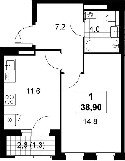 1-комн., 37.6 м², 8/12 этаж, ЖК «Деснаречье»