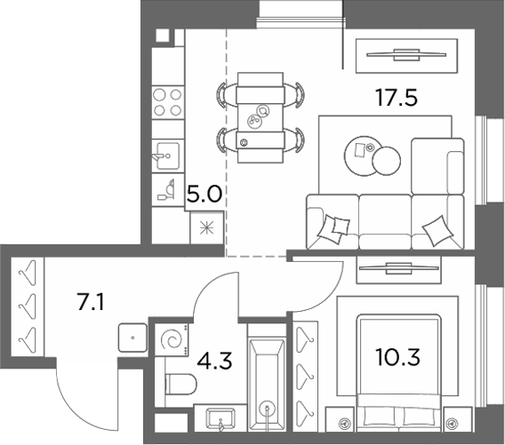 2-комн., 44.2 м², 3/6 этаж, ЖК «Станиславский»