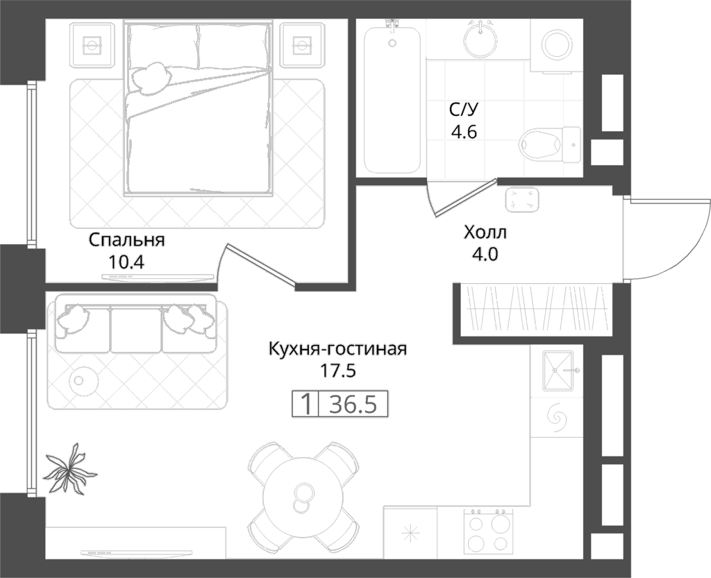 1-комн., 36.5 м², 1/6 этаж, ЖК «Коллекция»
