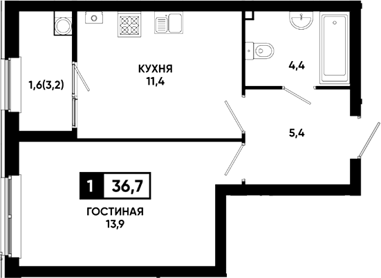 1-комн., 35.1 м², 1/23 этаж, ЖК «Резиденция Софи»