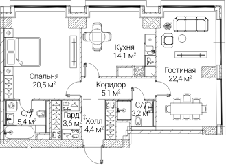 2-комн., 78.78 м², 2/60 этаж, ЖК «СЕЗАР БУДУЩЕЕ»