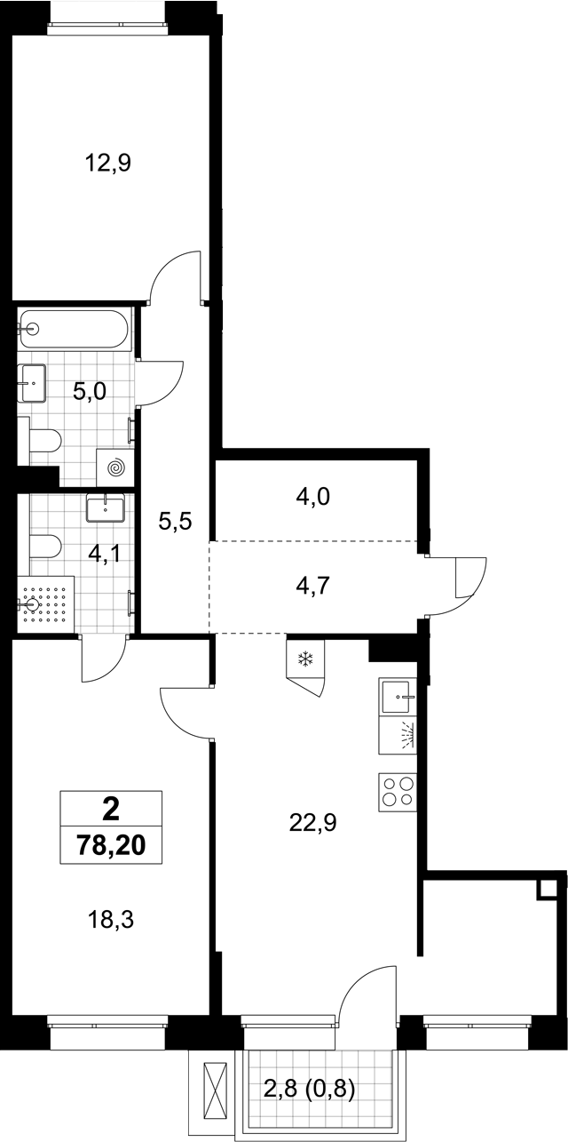 3-комн., 77.4 м², 5/7 этаж, ЖК «Хольм»