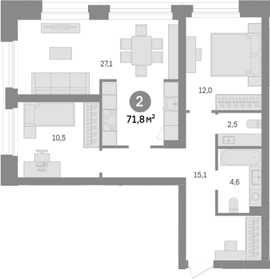 2-комн., 71.8 м², 15/43 этаж, ЖК «Квартал Издание»