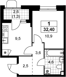 1-комн., 31.1 м², 2/14 этаж, ЖК «Прокшино»
