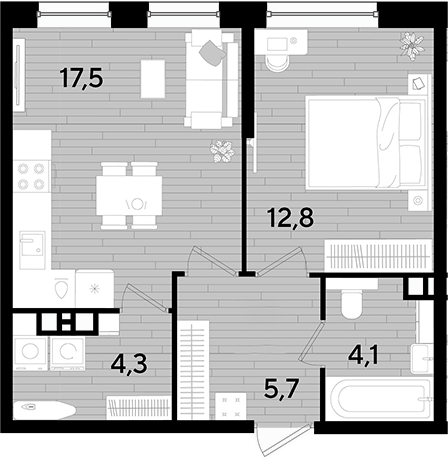 1-комн., 44.4 м², 3/16 этаж, ЖК «DОГМА ПАРК»