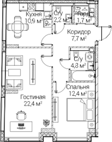 2-комн., 62.1 м², 20/41 этаж, ЖК «СЕЗАР БУДУЩЕЕ»