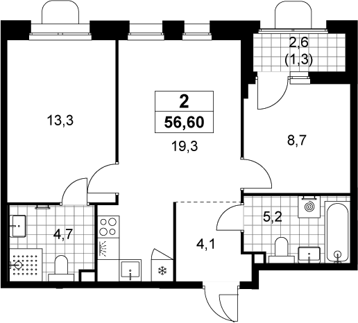 3-комн., 55.3 м², 2/14 этаж, ЖК «Прокшино»