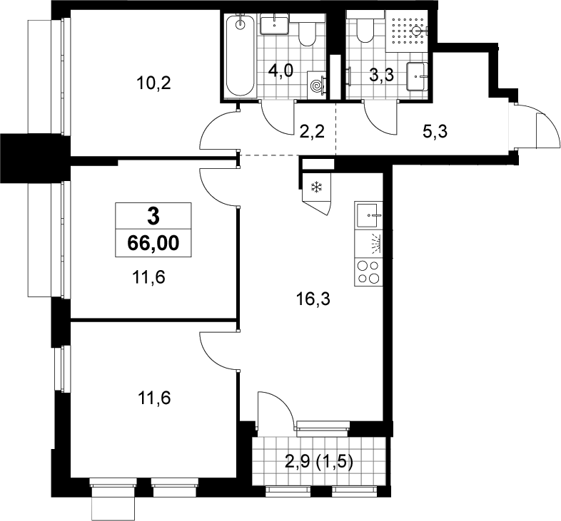 3-комн., 64.5 м², 22/22 этаж, ЖК «Деснаречье»