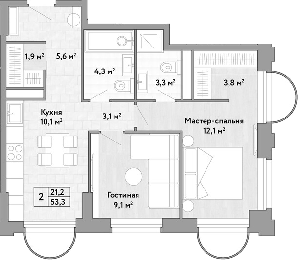 2-комн., 53.3 м², 9/29 этаж, ЖК «Новые Смыслы»