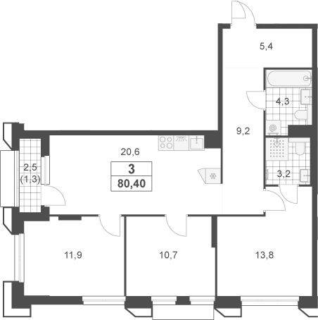 4+ комнаты, 79.1 м², 20/23 этаж, ЖК «Южные сады»