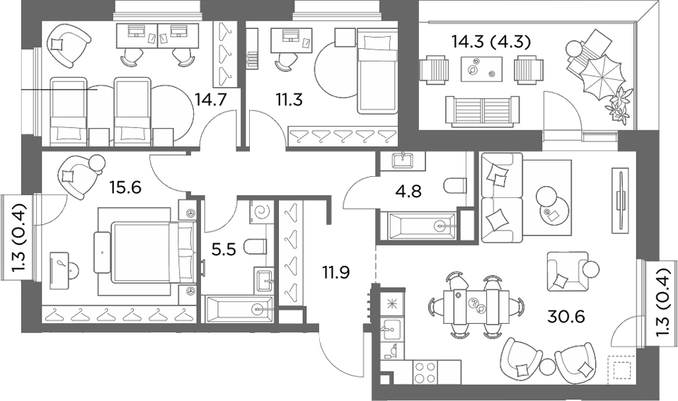 3-комн., 94.4 м², 6/6 этаж, ЖК «Станиславский»