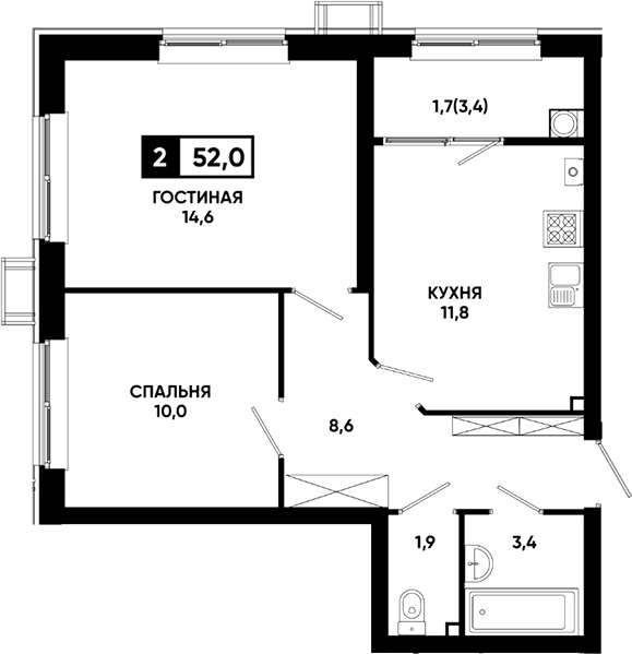 2-комн., 50.3 м², 1/23 этаж, ЖК «Резиденция Софи»