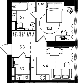 2-комн., 47.7 м², 2/50 этаж, ЖК «СТОУН Блик»