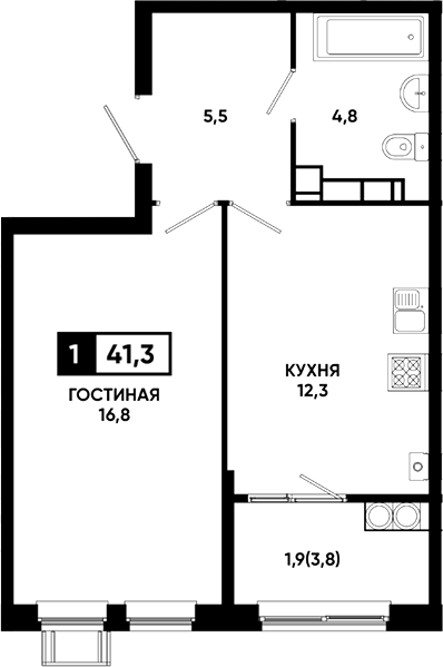 1-комн., 39.4 м², 19/23 этаж, ЖК «Резиденция Софи»