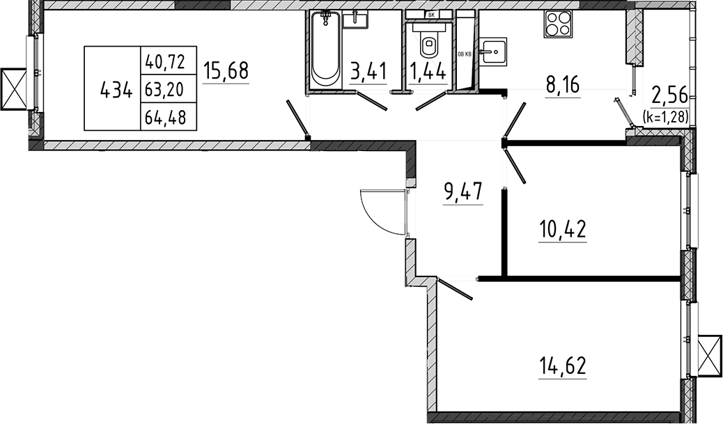 3-комн., 63.2 м², 10/17 этаж, ЖК «Поварово-Молодежный-2»