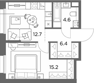 1-комн., 38.9 м², 5/6 этаж, ЖК «Станиславский»