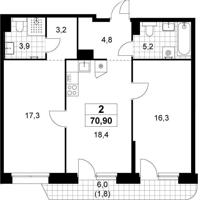 3-комн., 69.1 м², 5/14 этаж, ЖК «Прокшино»
