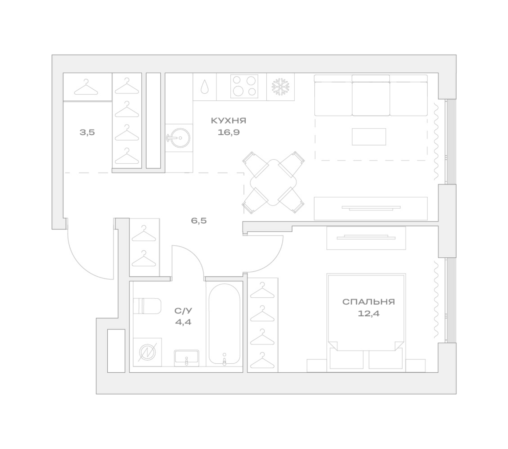 2-комн., 43.7 м², 7/9 этаж, ЖК «Детали»