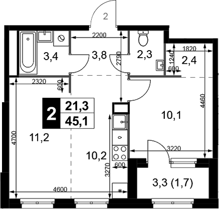 2-комн., 43.4 м², 1/6 этаж, ЖК «1-й Химкинский»