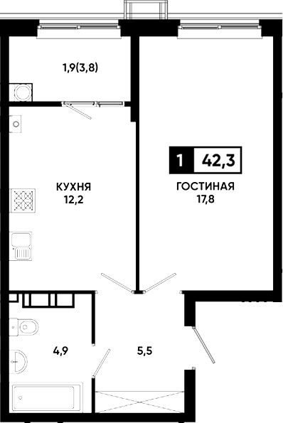 1-комн., 40.4 м², 2/23 этаж, ЖК «Резиденция Софи»