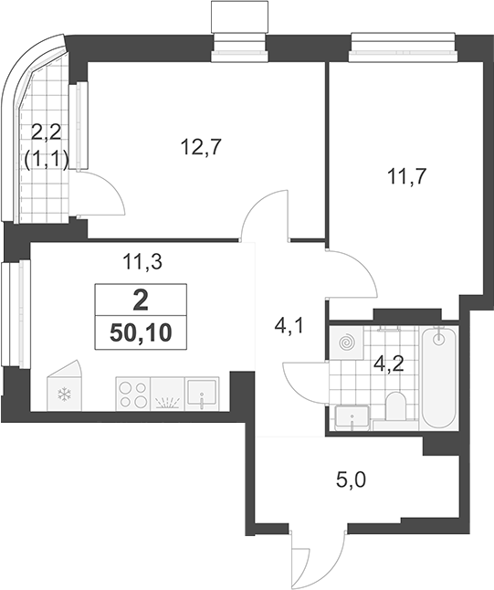 2-комн., 49 м², 12/19 этаж, ЖК «Южные сады»