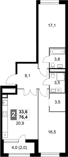 2-комн., 74.4 м², 24/44 этаж, ЖК «Скай Гарден»