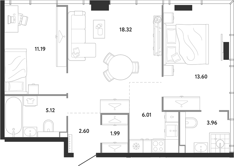 2-комн., 62.79 м², 25/26 этаж, ЖК «Ридж»