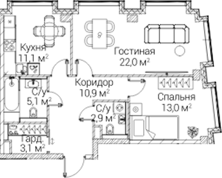 2-комн., 68.1 м², 2/12 этаж, ЖК «СЕЗАР БУДУЩЕЕ»