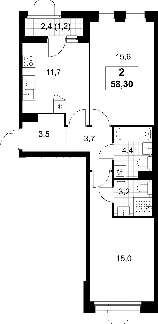 2-комн., 57.1 м², 5/10 этаж, ЖК «Прокшино»