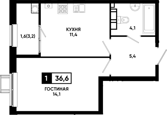 1-комн., 35 м², 3/23 этаж, ЖК «Резиденция Софи»