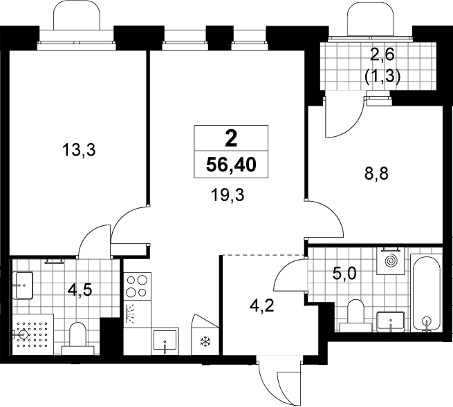 3-комн., 55.1 м², 10/14 этаж, ЖК «Прокшино»