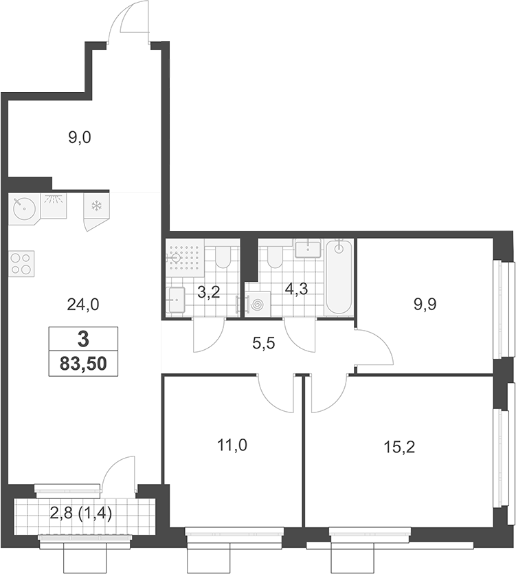 4+ комнаты, 82.1 м², 15/19 этаж, ЖК «Южные сады»