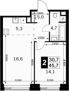 2-комн., 45.7 м², 28/40 этаж, ЖК «Амбер Сити»