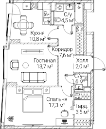 2-комн., 60.9 м², 54/60 этаж, ЖК «СЕЗАР БУДУЩЕЕ»