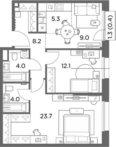 3-комн., 66.3 м², 6/6 этаж, ЖК «Станиславский»