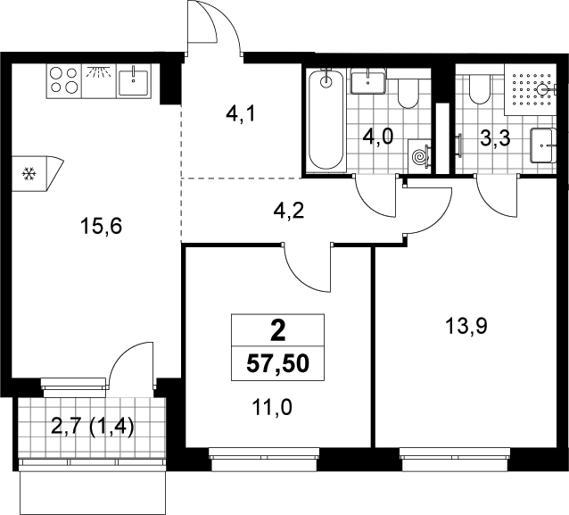 3-комн., 56.1 м², 12/19 этаж, ЖК «Деснаречье»