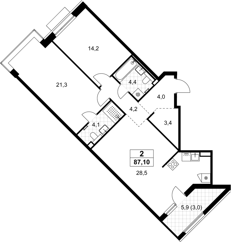 3-комн., 84.1 м², 2/8 этаж, ЖК «Хольм»