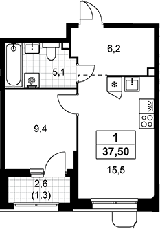 2-комн., 36.2 м², 3/16 этаж, ЖК «Прокшино»