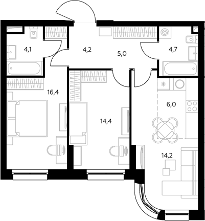 3-комн., 69.5 м², 17/43 этаж, ЖК «Адмирал»