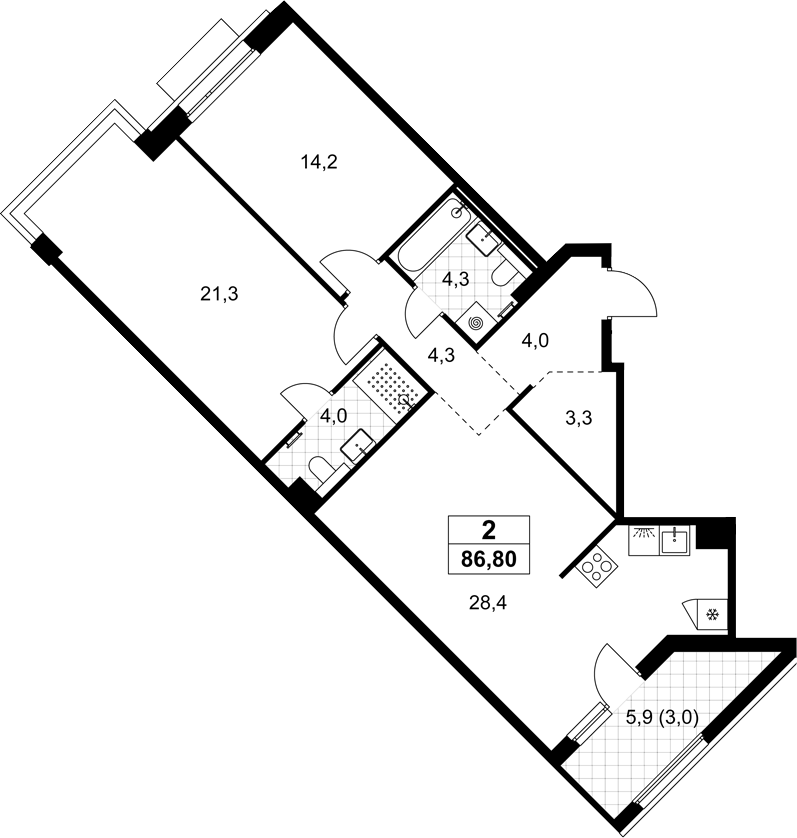 3-комн., 83.8 м², 6/8 этаж, ЖК «Хольм»
